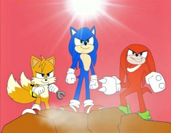 Size: 1389x1080 | Tagged: safe, artist:darienspeyer, knuckles the echidna, miles "tails" prower, sonic the hedgehog, echidna, fox, hedgehog, sonic the hedgehog 2 (2022), anthro, blue body, blue fur, male, males only, orange body, orange fur, red body, red fur, trio, trio male