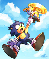 Size: 1920x2313 | Tagged: safe, artist:ronixdraws, miles "tails" prower, sonic the hedgehog, 2023, abstract background, carrying them, clouds, daytime, duo, flying, from below, holding hands, holding them, looking at them, mouth open, outdoors, signature, smile, spinning tails