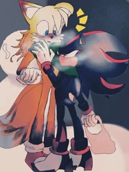 Size: 1536x2048 | Tagged: safe, artist:koko_ntiha, miles "tails" prower, shadow the hedgehog, 2024, abstract background, aged up, bag, blushing, blushing ears, duo, frown, gay, holding something, lidded eyes, long hair, looking at each other, mouth open, older, shadails, shipping, standing