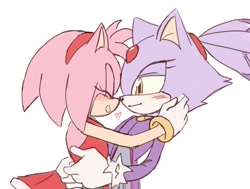 Size: 2048x1546 | Tagged: safe, artist:pw1wi, amy rose, blaze the cat, 2024, amy x blaze, amybetes, blazebetes, blushing, cute, duo, eyes closed, flat colors, heart, hugging, lesbian, looking at them, shipping, simple background, white background