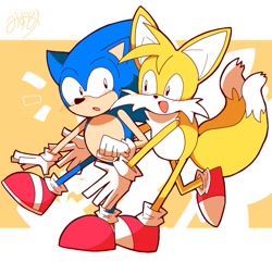 Size: 1536x1478 | Tagged: safe, artist:mizu-doke, miles "tails" prower, sonic the hedgehog, 2024, abstract background, blushing, cute, duo, gay, hugging, hugging from behind, looking at each other, shipping, signature, smile, sonabetes, sonic x tails, standing, surprise hug, surprised, tailabetes