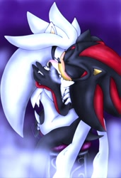 Size: 873x1280 | Tagged: safe, artist:neelathewolf, shadow the hedgehog, silver the hedgehog, 2010, abstract background, barefoot, blushing, duo, eyes closed, gay, gloves off, holding each other, kiss, shadow x silver, shipping, shoe swap, sitting, sitting on them