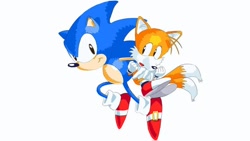 Size: 640x360 | Tagged: safe, artist:spring_bonnie_v3, miles "tails" prower, sonic the hedgehog, sonic cd, classic sonic, classic tails, duo, gay, holding them, looking at them, looking at viewer, low res, redraw, shipping, simple background, smile, sonic x tails, white background