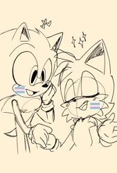 Size: 1181x1748 | Tagged: safe, artist:clearmoonbasement, miles "tails" prower, sonic the hedgehog, 2022, beige background, blushing, duo, gay, heart, holding hands, line art, mouth open, shipping, simple background, sketch, sonic x tails, sparkles, top surgery scars, trans male, transgender