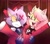 Size: 1731x1532 | Tagged: safe, artist:imavymimi, amy rose, blaze the cat, cat, hedgehog, 2024, amy x blaze, carrying them, crossover, cute, female, females only, hazbin hotel, lesbian, looking at each other, mouth open, shipping