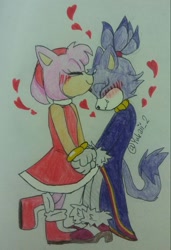 Size: 701x1024 | Tagged: safe, artist:yukaii_2, amy rose, blaze the cat, cat, hedgehog, 2019, amy x blaze, amy's halterneck dress, blaze's tailcoat, blushing, cute, female, females only, hearts, kiss on head, lesbian, shipping, traditional media