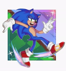 Size: 1898x2048 | Tagged: safe, artist:ejpony, sonic the hedgehog, hedgehog, 2023, abstract background, lidded eyes, male, outline, pride, pride flag, smile, solo, solo male, sparkles, trans pride, v sign