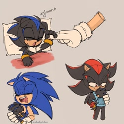 Size: 1081x1080 | Tagged: safe, artist:sonikkubabyblu2, shadow the hedgehog, sonic the hedgehog, oc, hedgehog, 2024, baby, carrying them, cute, fankid, father and child, floppy ears, grey background, magical gay spawn, parent:shadow, parent:sonic, parents:sonadow, pillow, sfx, signature, simple background, sketch, sleeping, smile, trio