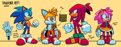 Size: 2048x806 | Tagged: safe, artist:starrjoy, amy rose, knuckles the echidna, miles "tails" prower, sonic the hedgehog, 2024, alternate hairstyle, alternate universe, au:pandora, backpack, english text, group, ponytail, simple background, smile, standing, top surgery scars, trans male, transgender, yellow background