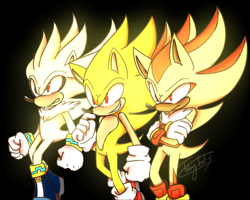 Size: 2500x2000 | Tagged: safe, artist:tobytots, shadow the hedgehog, silver the hedgehog, sonic the hedgehog, super shadow, super sonic, 2019, arms folded, black background, clenched fists, clenched teeth, flying, frown, looking ahead, looking offscreen, signature, simple background, smile, super form, super silver, trio