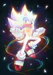 Size: 1448x2048 | Tagged: safe, artist:spacecolonie, sonic the hedgehog, 2020, abstract background, clenched fists, flying, hyper form, hyper sonic, smile, solo