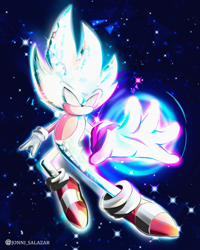 Size: 2696x3366 | Tagged: safe, artist:jonni_salazar, sonic the hedgehog, abstract background, hyper form, hyper sonic, signature, solo, sparkles, star (sky)