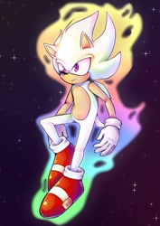 Size: 905x1280 | Tagged: safe, artist:mauveraw, sonic the hedgehog, 2020, abstract background, flying, frown, hyper form, hyper sonic, purple eyes, solo, star (sky)