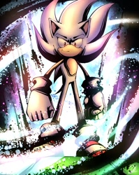 Size: 875x1100 | Tagged: safe, artist:cbotakuarts, sonic the hedgehog, 2023, abstract background, hyper form, hyper sonic, looking down at viewer, smile, solo, standing