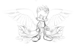 Size: 1107x678 | Tagged: safe, artist:cyngawolf, miles "tails" prower, fox, hybrid, 2022, frown, hyper form, hyper tails, line art, looking at viewer, pheonix, plumage, simple background, sketch, solo, standing, white background, wings