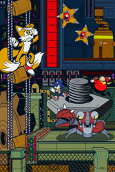 Size: 2000x3000 | Tagged: safe, artist:ghost-nebula, miles "tails" prower, robotnik, sonic the hedgehog, human, metropolis zone, sonic the hedgehog 2, abstract background, asteron, badnik, cogwheel, corkscrew, flat colors, group, robot, shellcracker