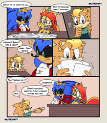 Size: 1015x1158 | Tagged: safe, artist:risziarts, sally acorn, sonic the hedgehog, oc, oc:alicia acorn, 25/30 years later, au:sonic world travel, blue power pattern, comic, crown, cyan power pattern, family, father and daughter, king sonic, marriage ring, mother and daughter, queen sally acorn, roboticized, shipping, sonally, straight, tiara