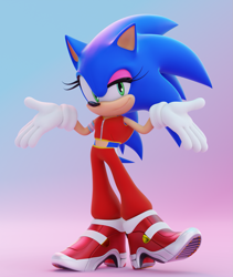 Size: 1215x1440 | Tagged: safe, artist:ladylunanova, sonic the hedgehog, 2023, 3d, gradient background, looking at viewer, shrugging, smile, solo, standing, trans female, transgender