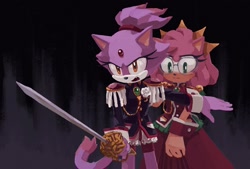 Size: 2048x1384 | Tagged: safe, artist:rayactivefactory, amy rose, blaze the cat, 2024, alternate outfit, amy x blaze, dress, duo, frown, glasses, gradient background, lesbian, looking ahead, looking offscreen, one fang, protecting, shipping, standing, sword