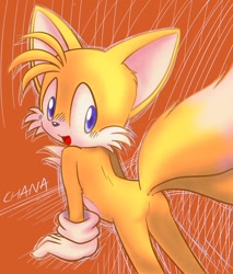 Size: 1021x1200 | Tagged: safe, artist:tailchana, miles "tails" prower, 2019, abstract background, butt, cute, leaning forward, looking back, mouth open, signature, smile, solo, standing, tailabetes