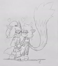 Size: 1820x2048 | Tagged: safe, artist:sonicrelated, tangle the lemur, whisper the wolf, 2022, cute, duo, eyes closed, heart, holding hands, kiss on cheek, lesbian, pencilwork, shipping, signature, sketch, smile, tangabetes, tangle x whisper, whispabetes