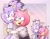 Size: 1852x1432 | Tagged: safe, artist:imavymimi, amy rose, blaze the cat, cat, hedgehog, 2024, amy x blaze, blushing, cute, english text, exclamation mark, female, females only, heart, hugging, lesbian, looking at each other, looking at viewer, mouth open, question mark, shipping, sleeping