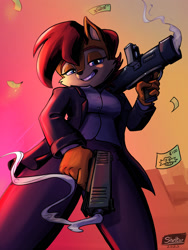 Size: 1260x1680 | Tagged: safe, artist:shieltar, sally acorn, eggman empire logo, grin, gun, looking down at viewer, money, suit