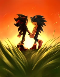 Size: 1617x2048 | Tagged: safe, artist:shu_0696, shadow the hedgehog, sonic the hedgehog, hedgehog, 2024, abstract background, duo, duo male, eyes closed, gay, grass, holding hands, looking at them, male, males only, outdoors, shadow x sonic, shipping, smile, standing, sunset