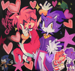 Size: 1209x1143 | Tagged: safe, artist:metalsonicplush, amy rose, blaze the cat, sonic the hedgehog, cat, hedgehog, 2024, amy x blaze, amy's halterneck dress, blaze's tailcoat, cute, eyes closed, female, hearts, lesbian, male, mouth open, shipping, star (symbol)