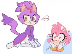 Size: 1600x1200 | Tagged: safe, artist:remimun, amy rose, blaze the cat, cat, hedgehog, 2023, amy x blaze, amy's halterneck dress, blaze's tailcoat, cute, female, females only, heart eyes, hearts, lesbian, shipping