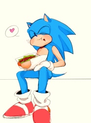 Size: 1093x1470 | Tagged: safe, artist:04suki_tina, sonic the hedgehog, 2022, chili dog, eating, eyes closed, heart, holding something, simple background, sitting, solo, white background