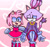 Size: 1280x1200 | Tagged: safe, artist:puyopuyo, amy rose, blaze the cat, cat, hedgehog, 2015, amy x blaze, amy's halterneck dress, blaze's tailcoat, cute, female, females only, lesbian, looking at each other, one eye closed, shipping