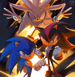 Size: 2048x2110 | Tagged: safe, artist:themoti, shadow the hedgehog, silver the hedgehog, sonic the hedgehog, abstract background, frown, looking at viewer, signature, smile, standing, trio