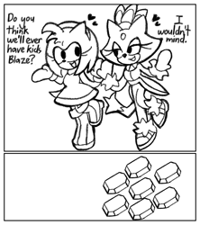 Size: 1200x1350 | Tagged: safe, artist:hibiscusishere, amy rose, blaze the cat, amy x blaze, amybetes, blazebetes, comic, cute, dialogue, duo, english text, heart, lesbian, looking at each other, shipping, simple background, sol emerald, white background