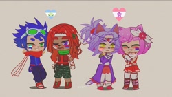 Size: 2000x1125 | Tagged: safe, artist:cessmaga, amy rose, blaze the cat, knuckles the echidna, sonic the hedgehog, achillean pride, amy x blaze, beige background, bisexual, bisexual pride, face paint, gacha club, gay, group, heart, knuxonic, lesbian, lesbian pride, mlm pride, pride, sapphic pride, shipping, simple background, smile, standing, wink