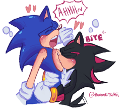 Size: 606x528 | Tagged: suggestive, artist:kurometsuki, shadow the hedgehog, sonic the hedgehog, bite mark, biting, blushing, drooling, duo, eyes closed, gay, heart, holding them, mouth open, saliva, sfx, shadow x sonic, shipping, signature, simple background, wagging tail, white background