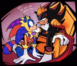 Size: 2048x1763 | Tagged: safe, artist:shadadow, shadow the hedgehog, sonic the hedgehog, 2024, abstract background, all fours, dialogue, duo, english text, gay, grabbing face, hand on another's face, jester outfit, jester sonic, king shadow, lidded eyes, looking at each other, shadow x sonic, shipping, sitting, smile