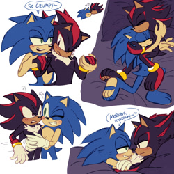 Size: 2000x2000 | Tagged: safe, artist:emthimofnight, shadow the hedgehog, sonic the hedgehog, 2024, abstract background, barefeet, barefoot, bed, blushing, cuddling, cute, dialogue, duo, english text, feet, feet fetish, foot, foot fetish, gay, holding each other, holding hands, holding them, paws, shadow x sonic, shipping, speech bubble