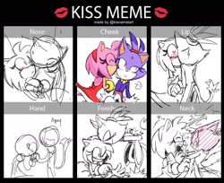 Size: 1522x1243 | Tagged: safe, artist:coldspace, amy rose, blaze the cat, 2024, alternate version, amy x blaze, blushing, duo, english text, heart, kiss, kiss meme, kiss on cheek, kiss on hand, kiss on head, lesbian, meme, shipping, sketch, w.i.p