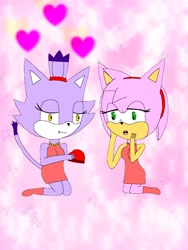 Size: 768x1024 | Tagged: safe, artist:alan-the-animeartist, amy rose, blaze the cat, cat, hedgehog, 2024, amy x blaze, chocolate box, cute, female, females only, hearts, lesbian, shipping, valentine's day