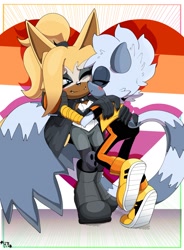 Size: 1510x2048 | Tagged: safe, artist:buddyhyped, tangle the lemur, whisper the wolf, 2024, abstract background, blushing, cute, duo, heart, hugging, lesbian, lesbian pride, lesbian visibility week, pride, pride flag, shipping, smile, standing, tangle x whisper