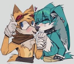 Size: 1392x1202 | Tagged: safe, artist:sihlverr, kit the fennec, miles "tails" prower, 2024, blushing, cute, duo, eye clipping through hair, eyebrow clipping through hair, gay, heart, kitails, nuzzle, shipping