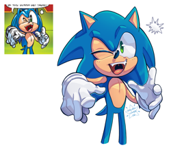 Size: 1700x1510 | Tagged: safe, artist:galaxylover06, sonic the hedgehog, fangs, looking at viewer, mouth open, redraw, reference inset, signature, simple background, smile, solo, standing, white background, wink