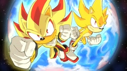 Size: 1200x675 | Tagged: safe, artist:virtanderson, shadow the hedgehog, sonic the hedgehog, super shadow, super sonic, super form