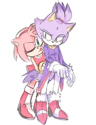 Size: 981x1280 | Tagged: safe, artist:nottsukkomia, amy rose, blaze the cat, cat, hedgehog, 2024, amy x blaze, amy's halterneck dress, blaze's tailcoat, cute, female, females only, lesbian, one eye closed, shipping, tongue out