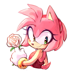 Size: 1727x1704 | Tagged: safe, artist:kalanit-saidon, amy rose, blushing, bust, flower, holding something, looking back, rose, simple background, smile, solo, white background