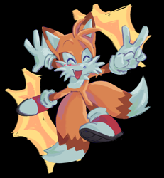 Size: 2048x2212 | Tagged: safe, artist:yoruxi, miles "tails" prower, black background, blushing, cute, eyes closed, mid-air, mouth open, one fang, posing, simple background, smile, solo, v sign