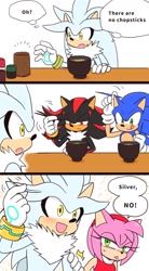 Size: 1000x1811 | Tagged: safe, artist:yotsumeddd, amy rose, shadow the hedgehog, silver the hedgehog, sonic the hedgehog, chopsticks