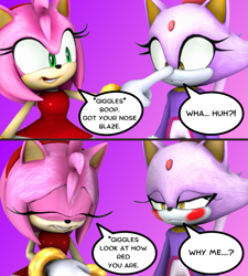 Size: 809x900 | Tagged: safe, artist:rockstarxxxd75, amy rose, blaze the cat, cat, hedgehog, 2023, amy x blaze, amy's halterneck dress, blaze's tailcoat, blushing, cute, english text, female, females only, lesbian, nose boop, shipping, speech bubble