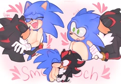 Size: 2048x1422 | Tagged: safe, artist:m3eoweow, shadow the hedgehog, sonic the hedgehog, 2024, duo, gay, heart, kiss, kiss on chest, kiss on ear, sfx, shadow x sonic, shipping, smooch